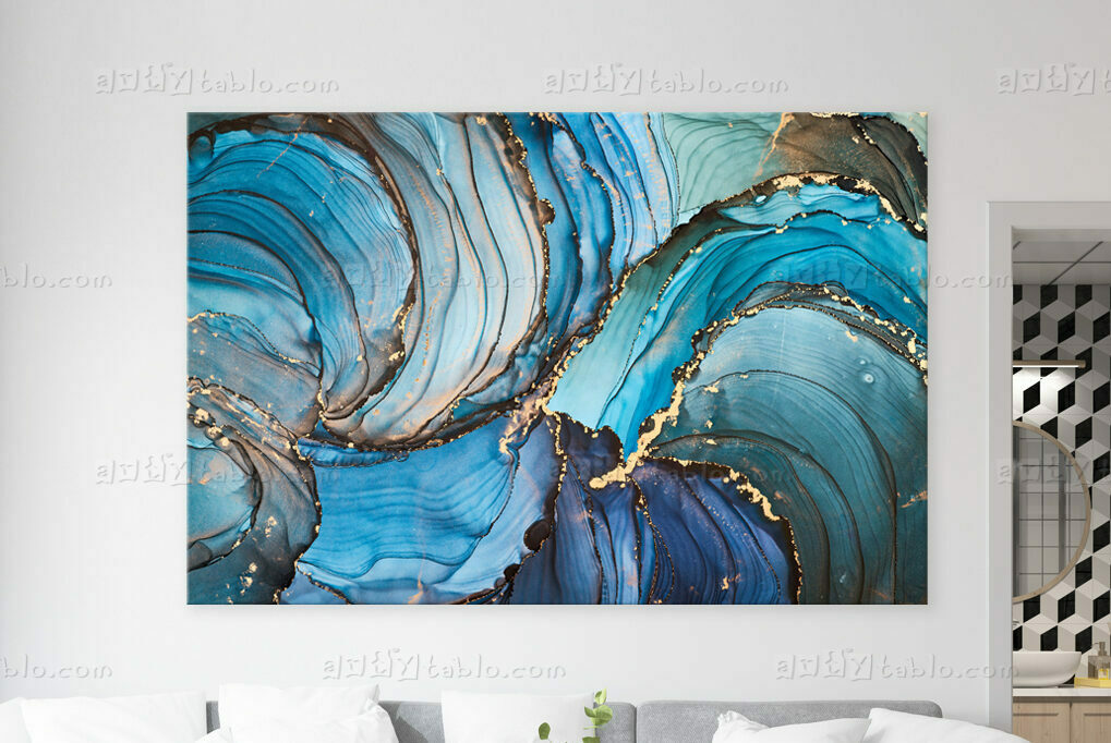 Blue Gold Marble Kanvas Tablo